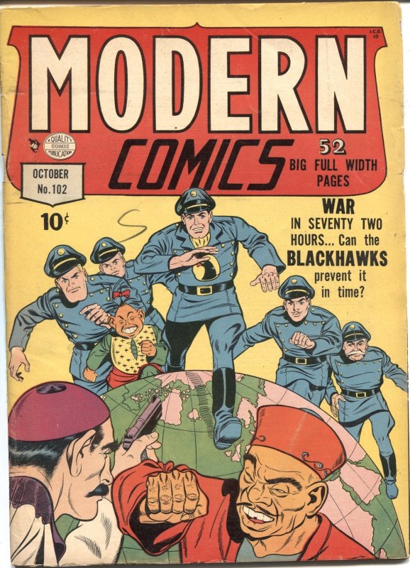 Modern #102 (Quality Comics, 1950), raw comic book in VG condition — front cover