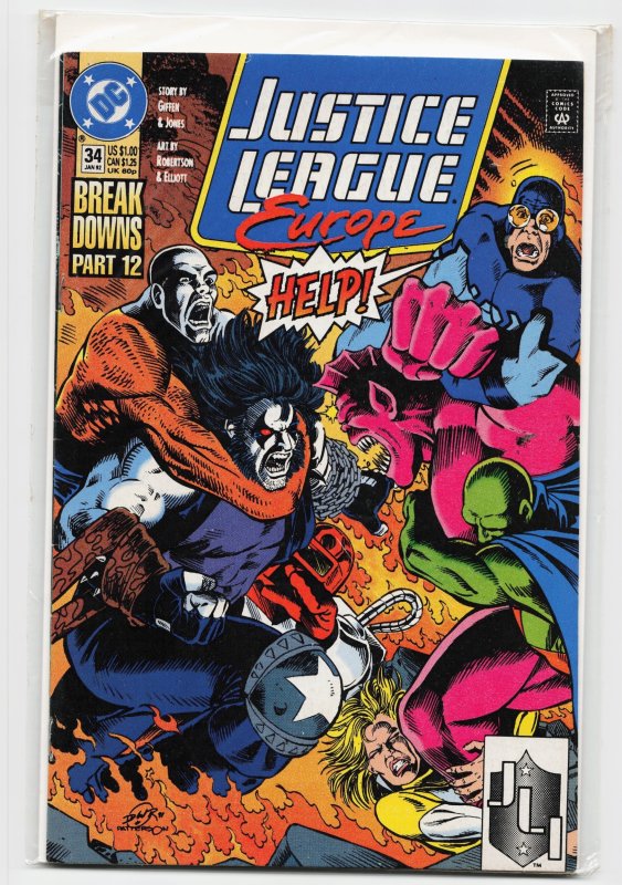 Justice League Europe #34 (1992), raw, ungraded comic book — front cover