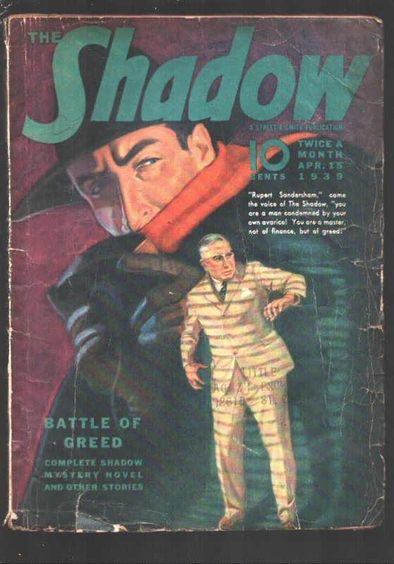 Shadow 4/15/1939-"Battle of Greed" by Maxwell Grant-Hero Pulp-"Minneapolis Murde, raw, ungraded comic book — front cover