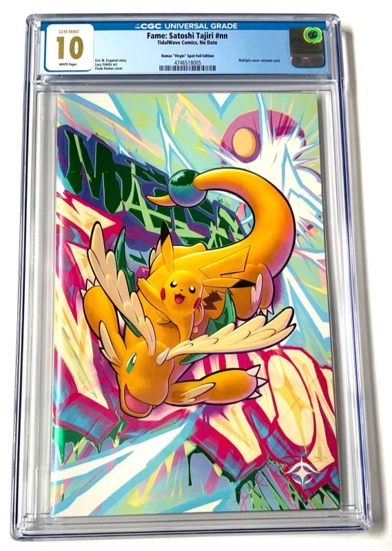 Fame:satoshi Tajiri “dragon Chu/pikachu’’ Color Splash Spot Foil Virgin CGC 10.0, CGC 10.0 graded comic book, Universal Blue label — front cover in its holder