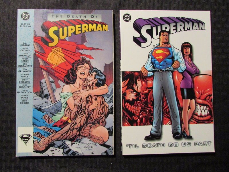 1993 Superman Death of 1st VF- 2001 'Til Death Do Us Part 1st VF SC TPB, raw comic book in VF- condition — front cover