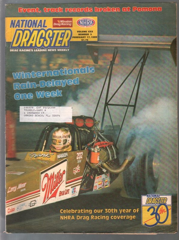 National Dragster-NHRA 2/17/1989-Frank Hawley 30th Year of Coverage-pix-info-sta, raw, ungraded comic book — front cover