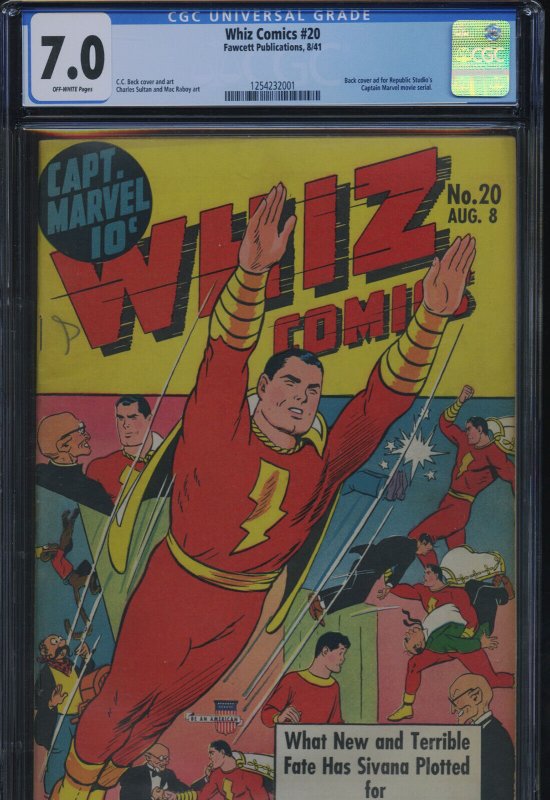 Whiz Comics #20 (Fawcett Publications), CGC 7.0 graded comic book, Universal Blue label — front cover in its holder