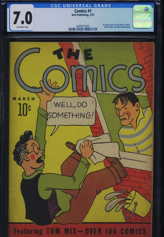 Comics #1, CGC 7.0 graded comic book, Universal Blue label — front cover in its holder
