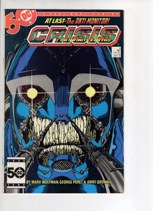 Crisis on Infinite Earths #6 (DC Comics, 1985), raw comic book in VF+ 8.5 condition — front cover