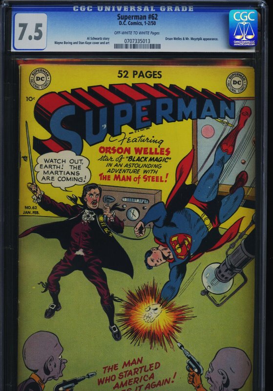 Superman #62 (DC Comics, 1950), CGC 7.5 graded comic book, Universal Blue label — front cover in its holder