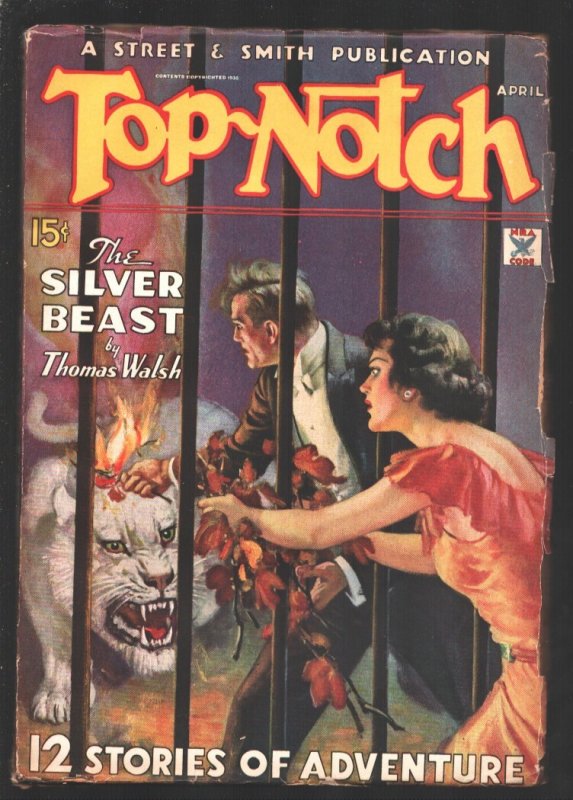 Top-Notch 4/1935-William Stone Giant White cat Attack Cover-Horror and Adventur, raw, ungraded comic book — front cover