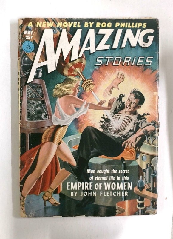 Amazing Stories - May 1952 - Spicy Babe Shoves man in Front of ray gun That Melt (Ziff-Davis, 1952), raw, ungraded comic book — front cover