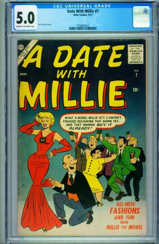 Date with Millie #7 (Atlas Comics, 1957), CGC 5.0 graded comic book, Universal Blue label — front cover in its holder