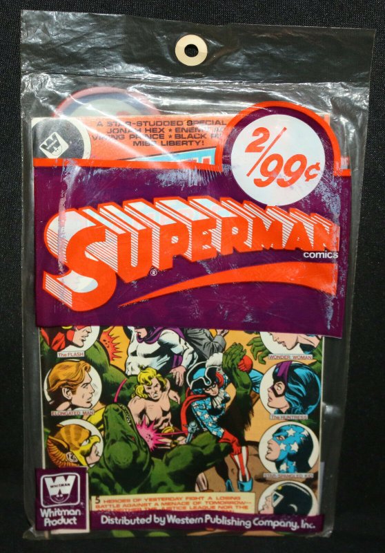 Superman 2pc Comic Book Pre-Pack by Whitman (Sealed) Superman / JLA, raw, ungraded comic book — front cover