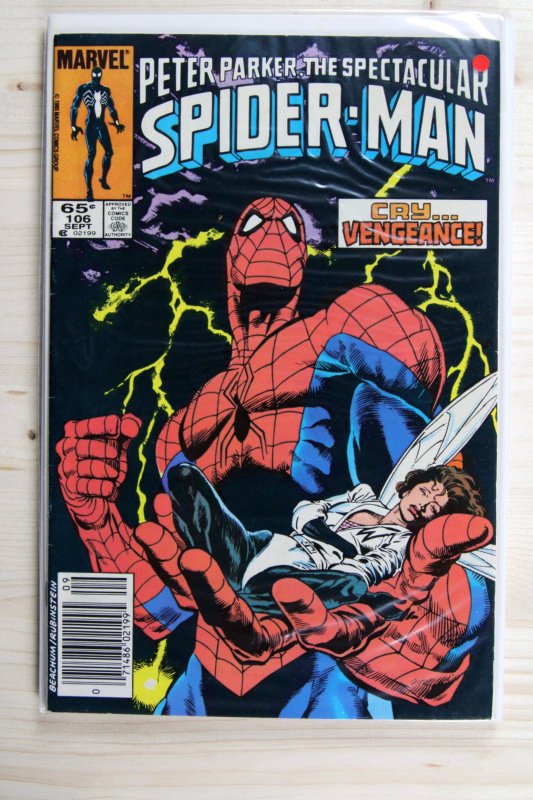 Peter Parker, the Spectacular Spider-Man #106 (Marvel Comics, 1985), raw comic book in VF 8.0 condition — front cover