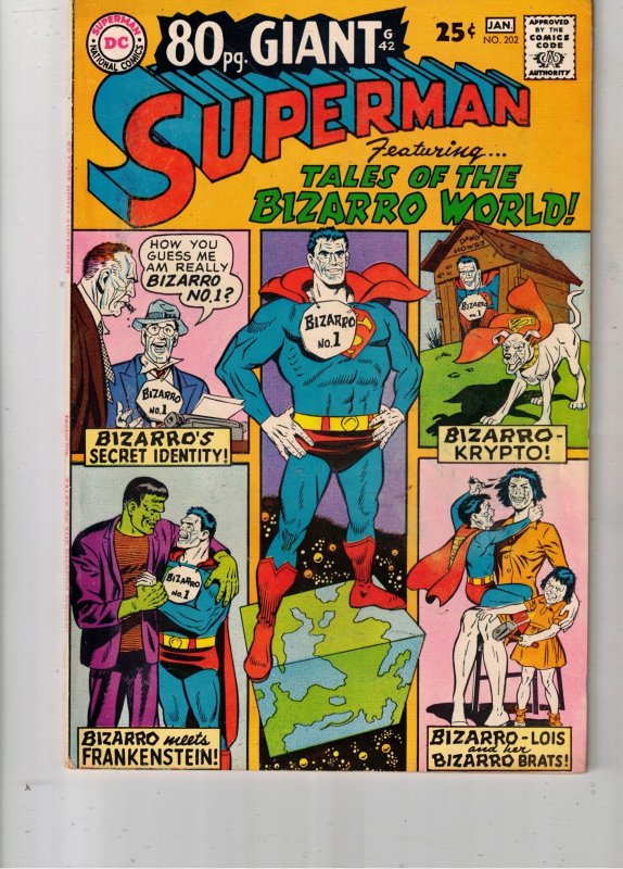 Superman #202 (DC Comics, 1968), raw comic book in VF+ condition — front cover