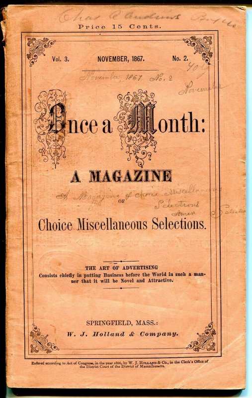 Once a Month Magazine 11/1867-pulp Format-post Civil War-rare-VG, raw comic book in VG condition — front cover