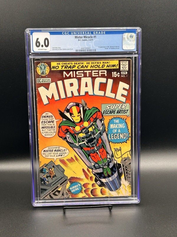Mister Miracle #1 (DC Comics, 1971), CGC 6.0 graded comic book, Universal Blue label — front cover in its holder