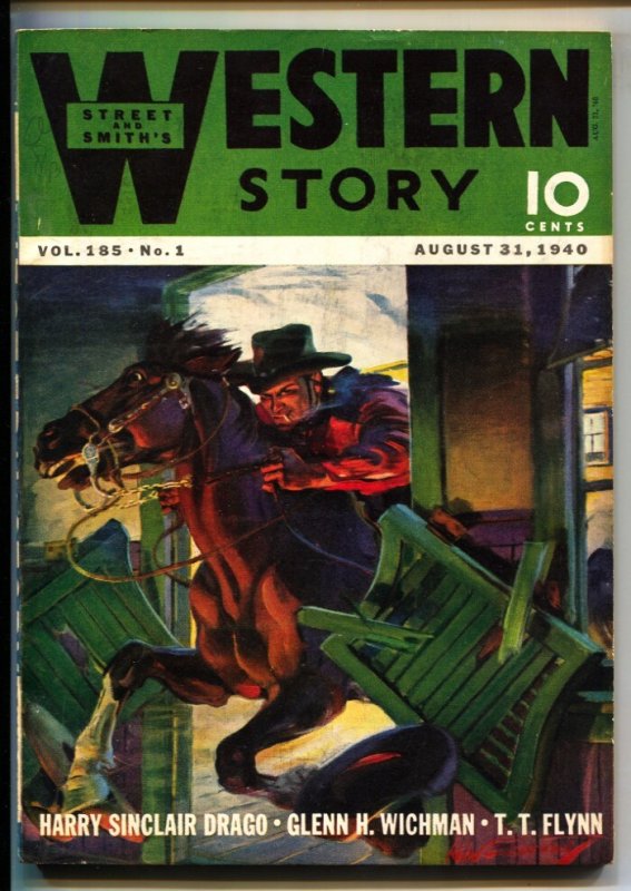 Western Story 8/31/1940-H.W. Scott Cowboy on Horse Goes Thru Saloon Doors Cover-, raw, ungraded comic book — front cover