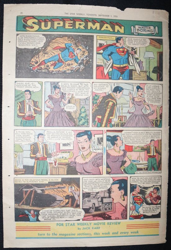 Superman / Mandrake the Magician - Star Weekly Newspaper Clipping - 9/1/1956, raw, ungraded comic book — front cover