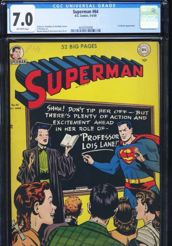Superman #64 (DC Comics, 1950), CGC 7.0 graded comic book, Universal Blue label — front cover in its holder
