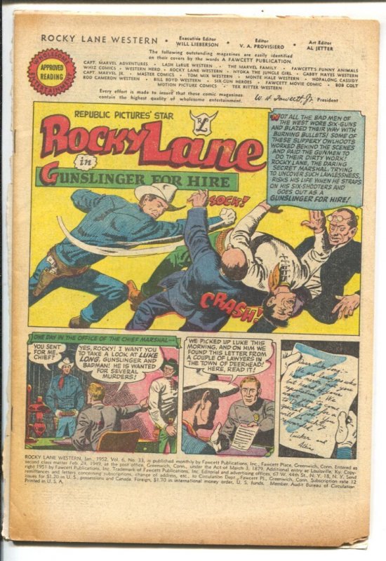 Rocky Lane Western #33 (Fawcett Publications, 1952), raw, ungraded comic book — front cover