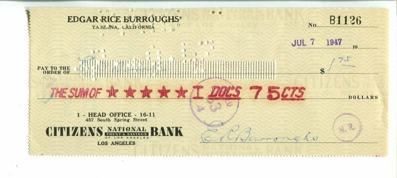 Edgar Rice Burroughs Signed Check - 070/7/1947-E.D BROOKS-fn, raw, ungraded comic book — front cover