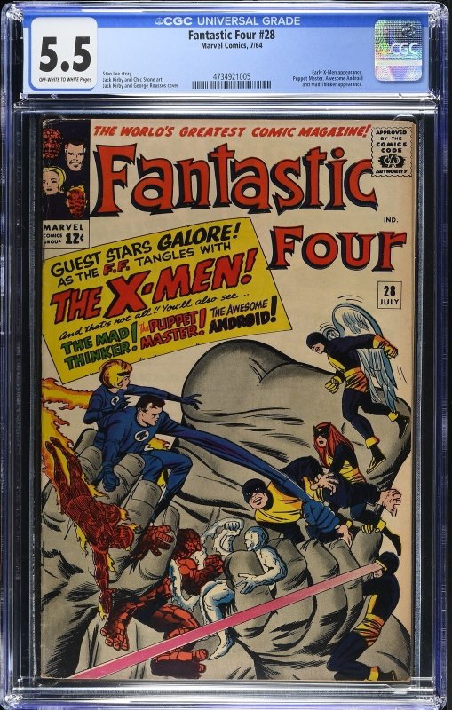 Fantastic Four #28 (Marvel Comics, 1964), CGC 5.5 graded comic book, Universal Blue label — front cover in its holder