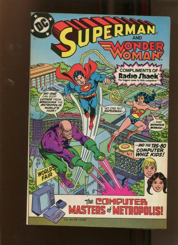Superman Compliments of Radioshack (9.2) Co Starring Wonder Woman! 1982 (1982), raw comic book in 9.2 condition — front cover