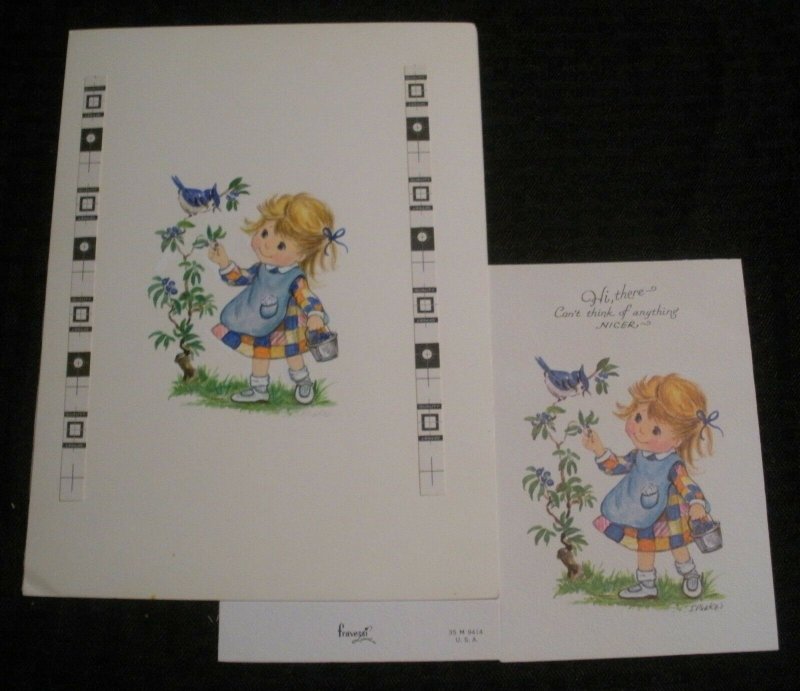 Thinking OF YOU Cute Girl Feeding Bluejay 7x9.5" Greeting Card Art #9414, raw comic book in 9.5 condition — front cover