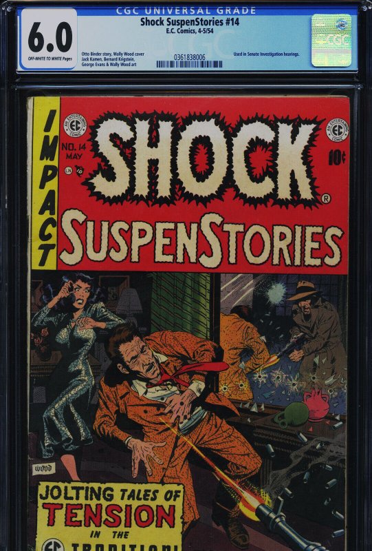 Shock Suspenstories #14 (EC Comics), CGC 6.0 graded comic book, Universal Blue label — front cover in its holder