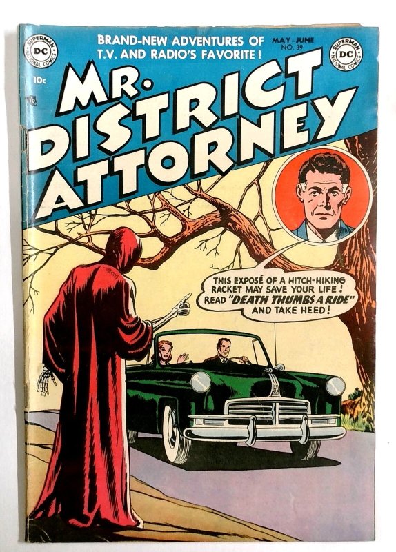 Mr. District Attorney #39 - 1954 Hooded Skeleton Hitch-Hikes on Cover Fine- (1954), raw, ungraded comic book — front cover
