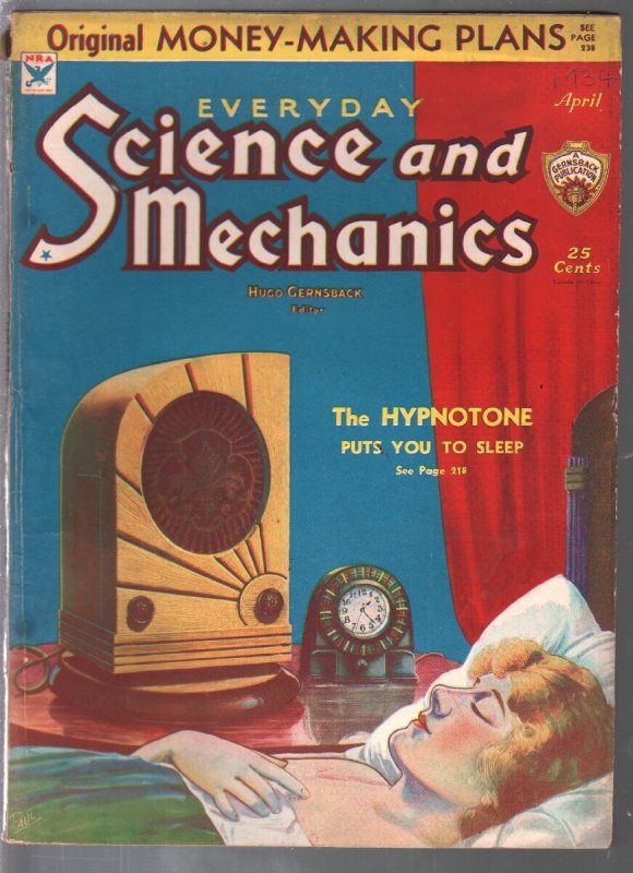 Pulp: Everyday Science & Mechanics 4/1934-Frank R Paul-Hypnotone-Dunninger-VG, raw comic book in VG condition — front cover