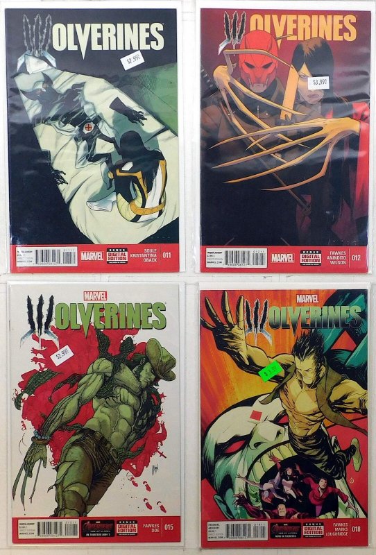 Wolverines Lot of 4 #11, 12, 15, 18 (2015) Marvel 1st Print Comic Books (Marvel Comics, 2015), raw, ungraded comic book — front cover