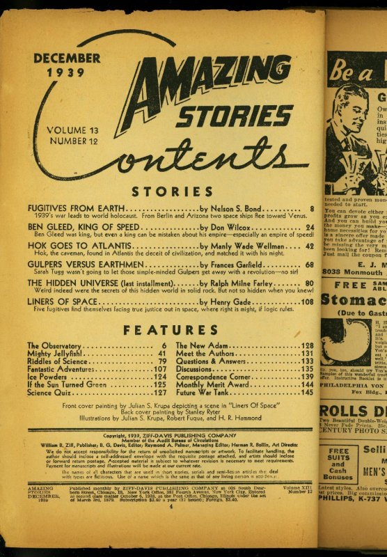 Pulp: Amazing Stories Pulp Decemberr 1939- Nelson S Bond- Reading Copy (1939), raw, ungraded comic book — front cover