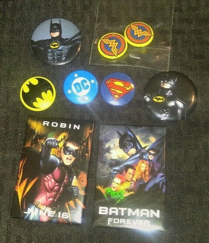 DC Comics Batman Forever Superman Wonder Woman Robin Pin Pinback LOT of 9 VF 8.0 (DC Comics), raw comic book in VF 8.0 condition — front cover