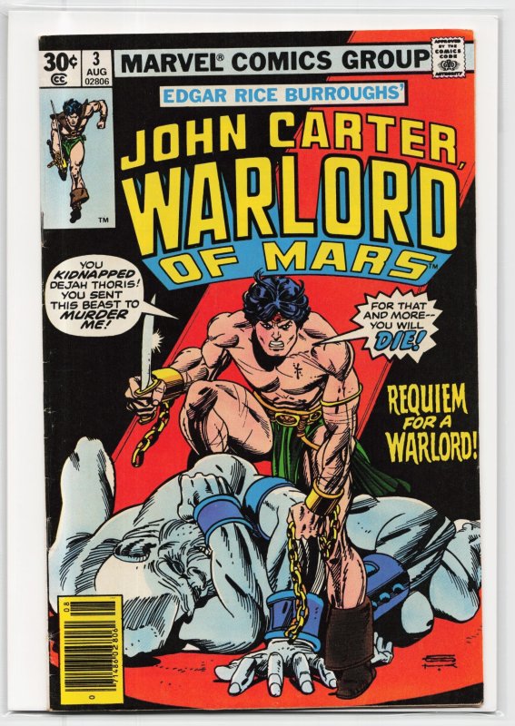 John Carter Warlord of Mars #3 (Marvel Comics, 1977), raw, ungraded comic book — front cover
