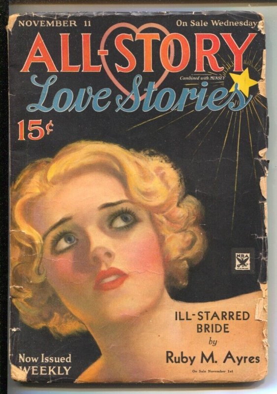 Pulp: All-Story Love Stories Pulp 11/11/1933- Jane Littell- Dorothy Dow - G/VG, raw comic book in VG condition — front cover