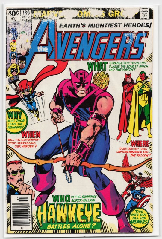 The Avengers #189 (Marvel Comics, 1979), raw, ungraded comic book — front cover