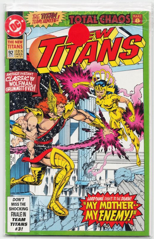 The New Titans #92 (DC Comics, 1992), raw, ungraded comic book — front cover