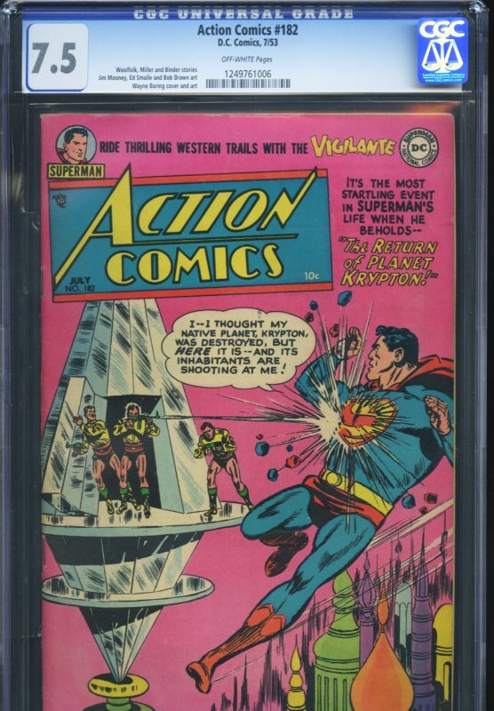 Action Comics #182 (DC Comics), CGC 7.5 graded comic book, Universal Blue label — front cover in its holder