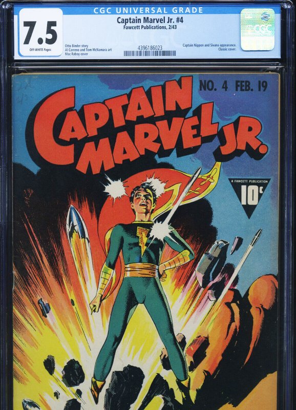 Captain Marvel Jr #4 (Fawcett Publications), CGC 7.5 graded comic book, Universal Blue label — front cover in its holder