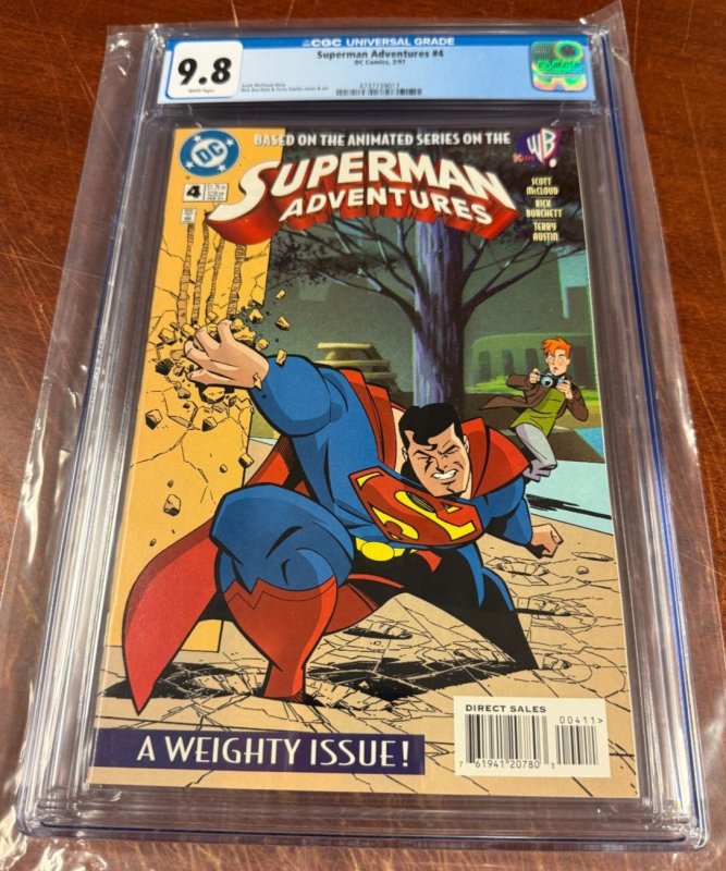 The Superman Adventures #4 (DC Comics, 1997), CGC 9.8 graded comic book, Universal Blue label — front cover in its holder