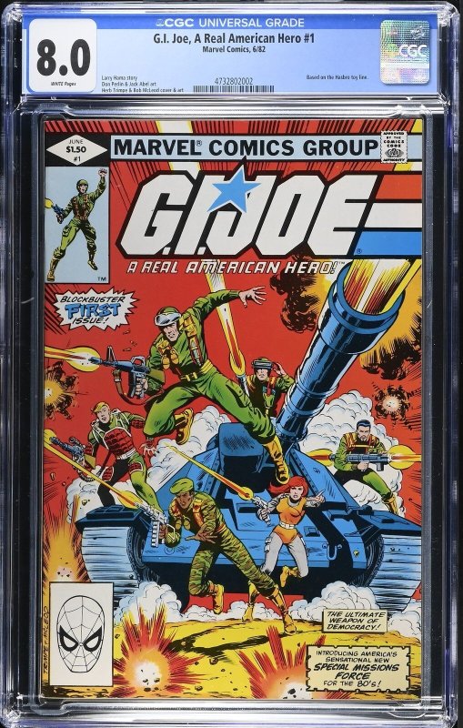 G.I. Joe, a Real American Hero #1 (Marvel Comics, 1982), CGC 8.0 graded comic book, Universal Blue label — front cover in its holder