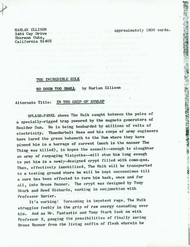Marvel Comics Incredible Hulk Synopsis by Harlan Ellison - Photocopy (Marvel Comics), raw, ungraded comic book — front cover