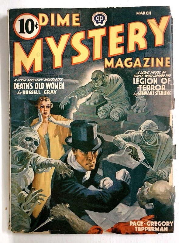 Dime Mystery - Mar 1941 - Amputee Mummies Attack People in Night Clothes-Weird (Popular Publications, 1941), raw, ungraded comic book — front cover