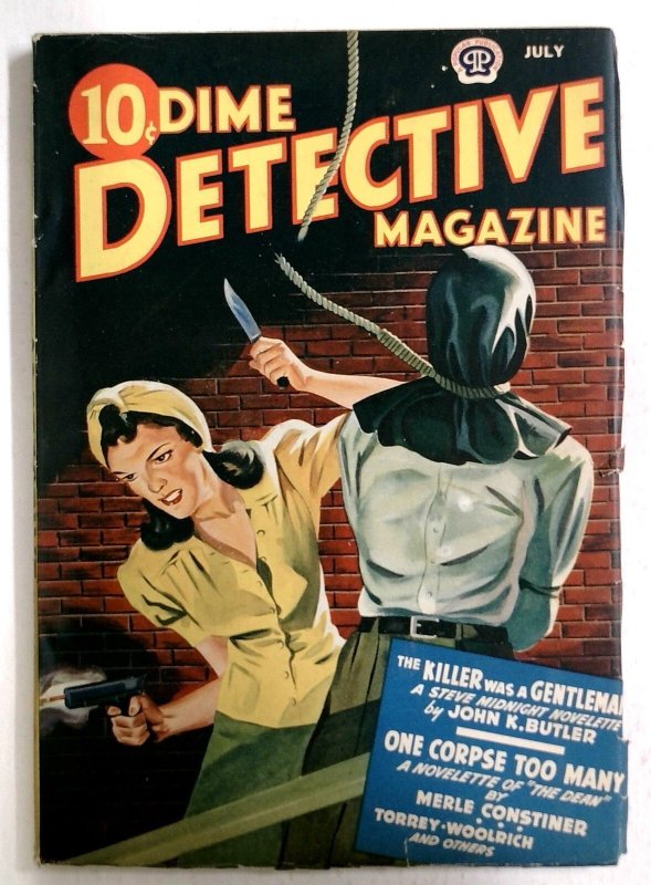 Dime Detective July 1941 - Gun Moll Cuts Hangman's Noose Saving Hooded Victim - (1941), raw, ungraded comic book — front cover