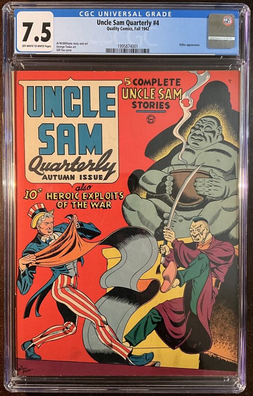 Uncle Sam Quarterly #4 (Quality Comics), CGC 7.5 graded comic book, Universal Blue label — front cover in its holder