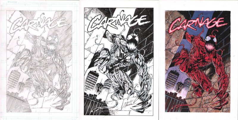 Carnage Pencil, Inks, & Colors Commission 3pc - Signed Art by Bagley & Hanna, raw, ungraded comic book — front cover