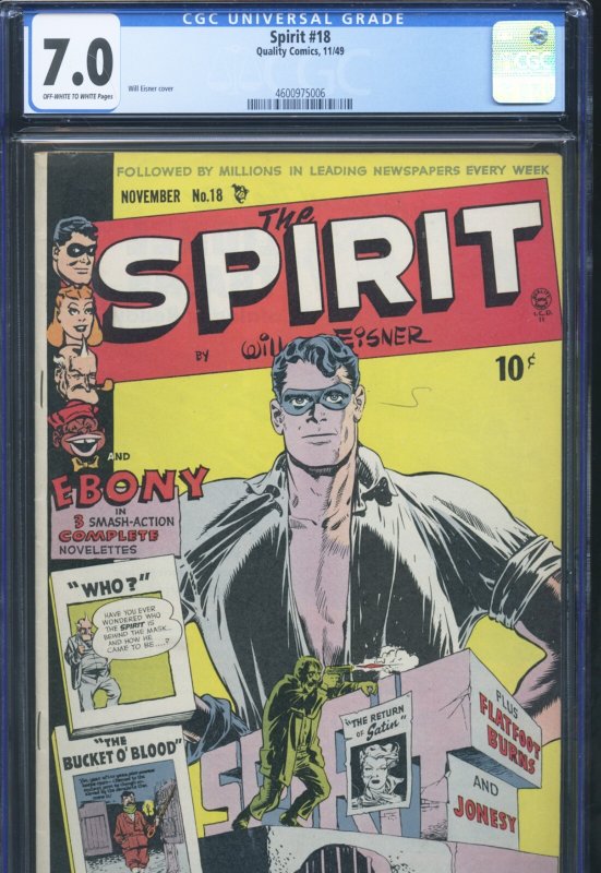 Spirit #18 (Quality Comics), CGC 7.0 graded comic book, Universal Blue label — front cover in its holder