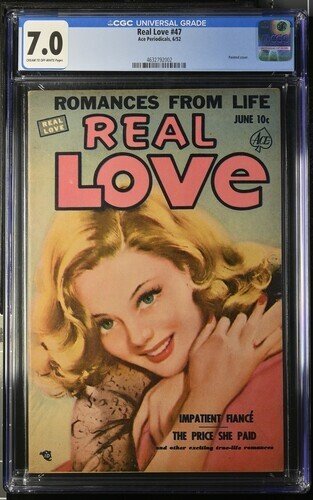 Real Love #47 (1952), CGC 7.0 graded comic book, Universal Blue label — front cover in its holder