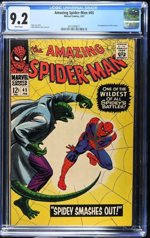 Amazing Spider-Man #45 (Marvel Comics, 1967), CGC 9.2 graded comic book, Universal Blue label — front cover in its holder
