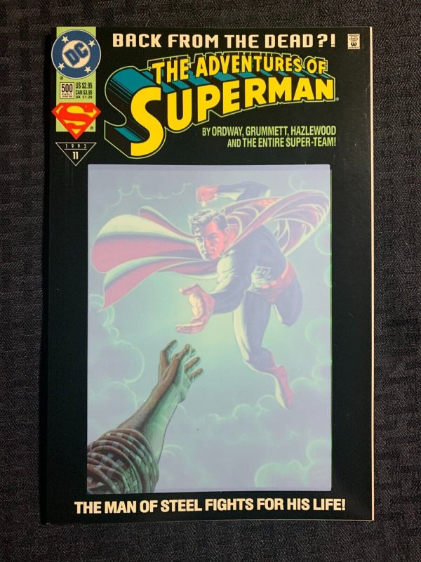 1993 the Adventures of Superman #500 (1993), raw comic book in VF+ 8.5 condition — front cover