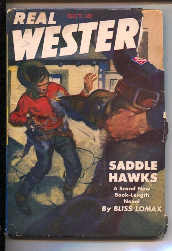 Pulp: Real Western 10/1943-A. Leslie Ross Cover Art-Saddle Hawks" by Bliss L..., raw, ungraded comic book — front cover